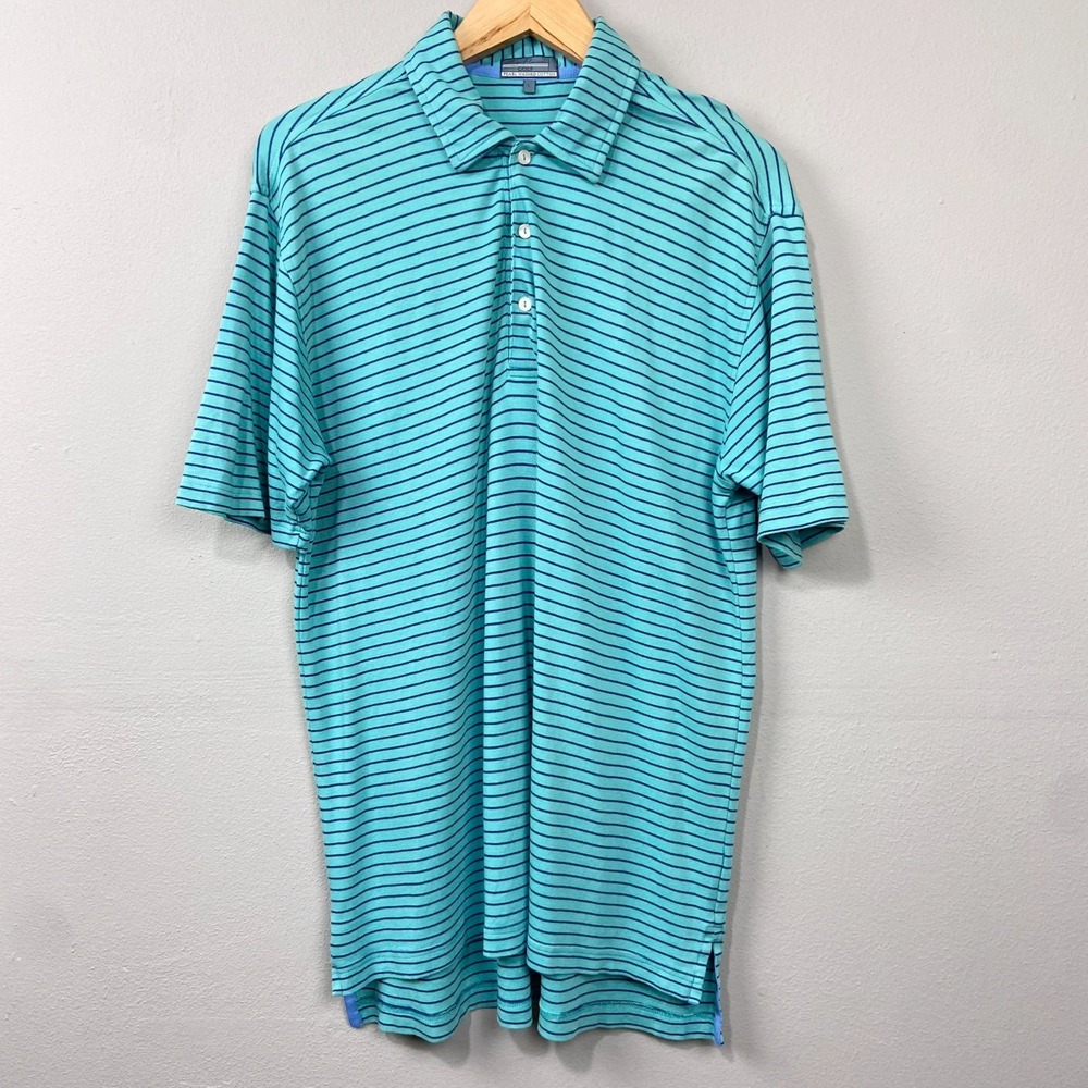 Alan Flusser Golf Polo Shirt Size L Teal Striped Pearl Washed Cotton Stretch Top